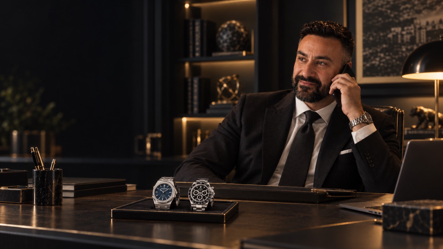 An advisor at the desk, taking a call