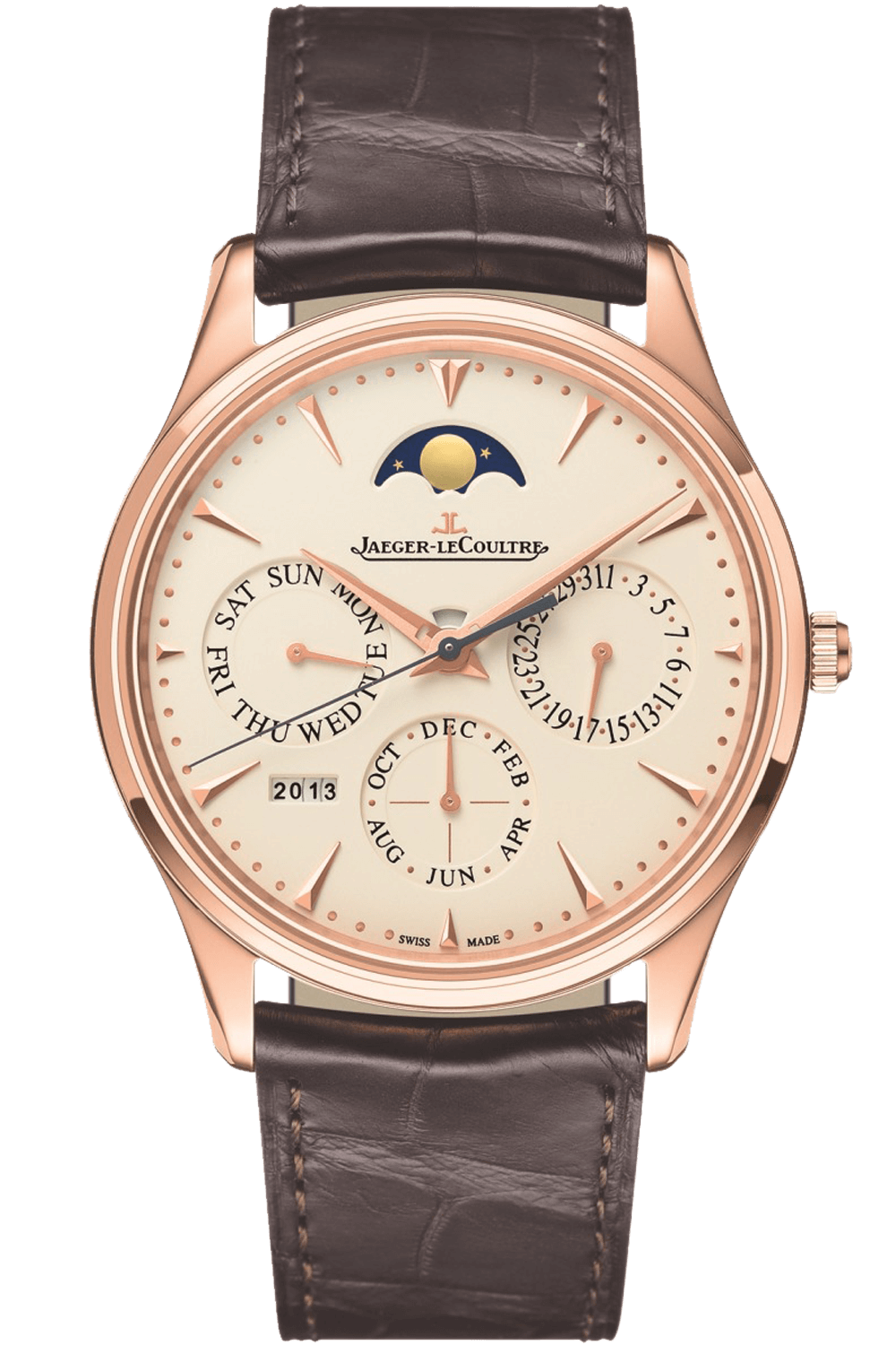 Jaeger-LeCoultre Master Ultra Thin Perpetual with rose-gold case and brown leather strap