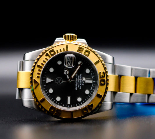 Luxury custom watch with black dial and gold bezel, showcasing unique style and craftsmanship.