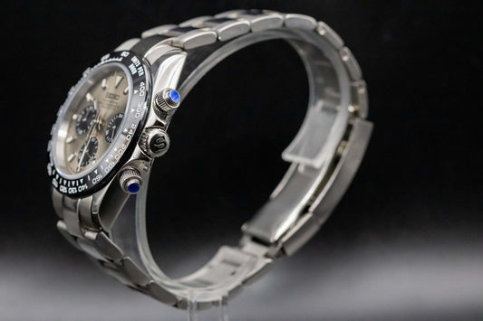 SeikoMod Phantom Daytona watch showcasing sleek silver dial and black sub dials, perfect for stylish timepiece collection.