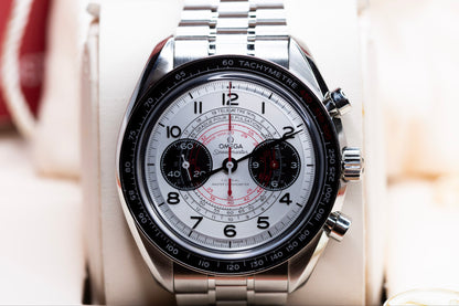 2024 Omega Speedmaster Chronoscope Co-Axial Master Chronometer with vintage-inspired design on display.