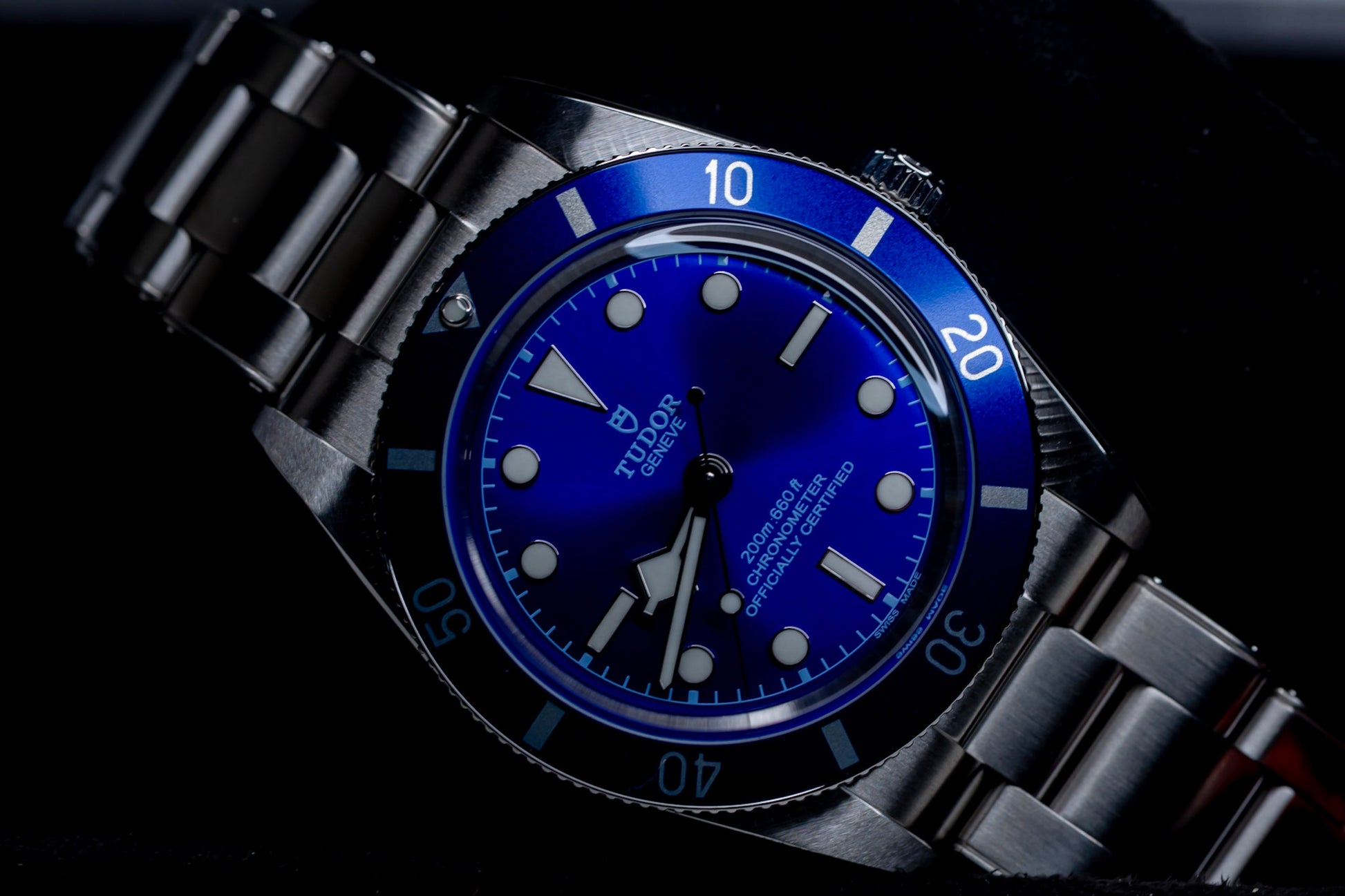 2026 Tudor Black Bay watch with blue dial and stainless steel bracelet, showcasing depth and craftmanship.