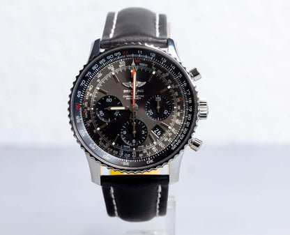 Breitling Navitimer 01 Stratus Gray limited edition watch with black leather strap and intricate dial.