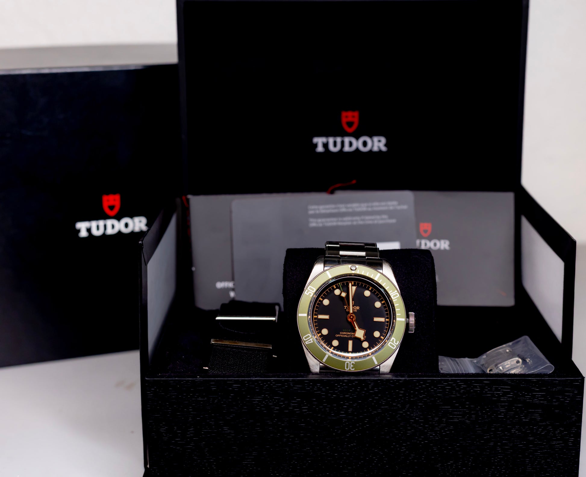 Tudor Black Bay Harrods Edition 41mm watch in presentation box with black and green design.