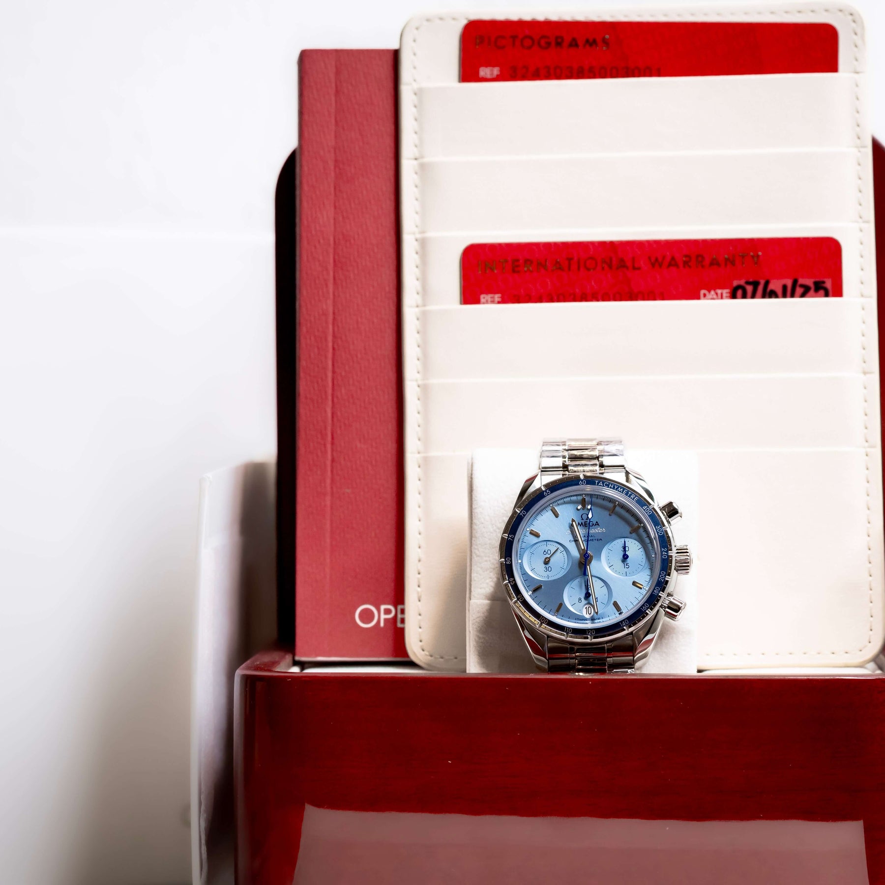 2025 OMG Speedmaster 38 Blue Dial Chronograph 324.30.38.50.03.001 – Full Set displayed with warranty cards.