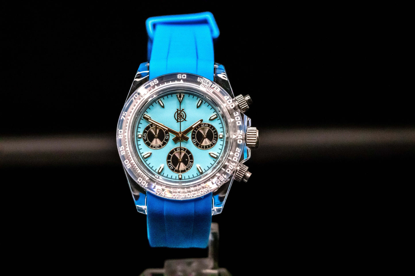 KWC Blue Ceramic Chronograph watch with turquoise dial and blue rubber strap, featuring classic chronograph functions.