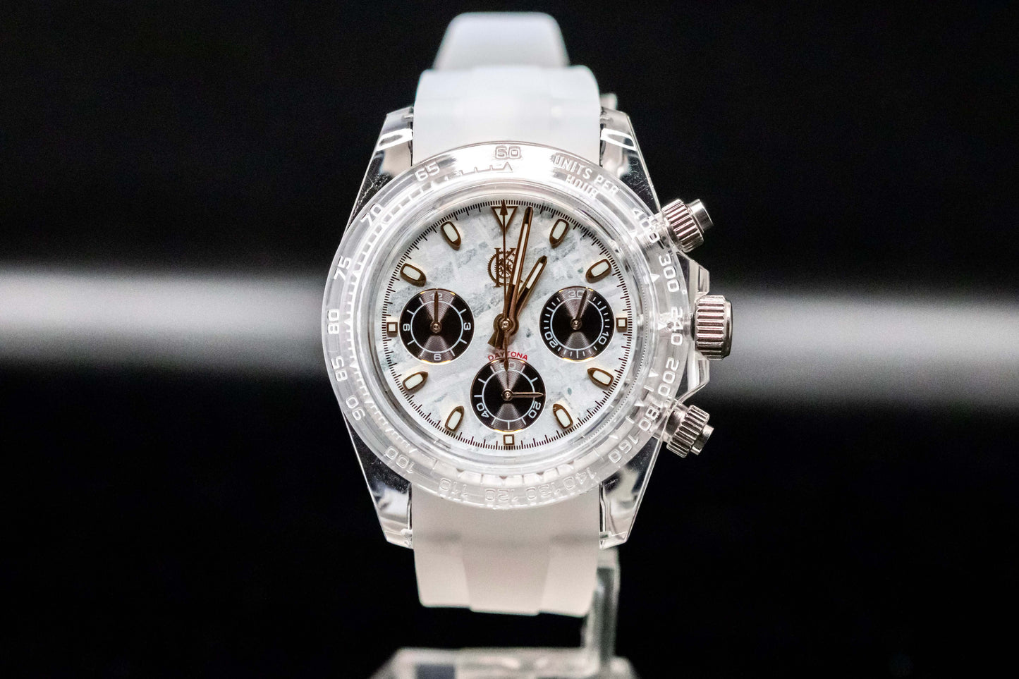 KWC White Ceramic Chronograph with black sub-dials and a white strap, showcasing modern design and rugged utility.