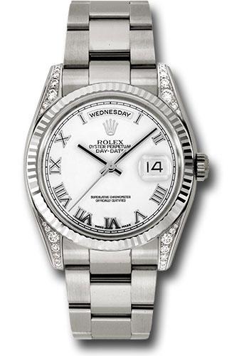Rolex White Gold Day-Date 36 Watch - Fluted Bezel - White Roman Dial - Oyster Bracelet - 118339 wro