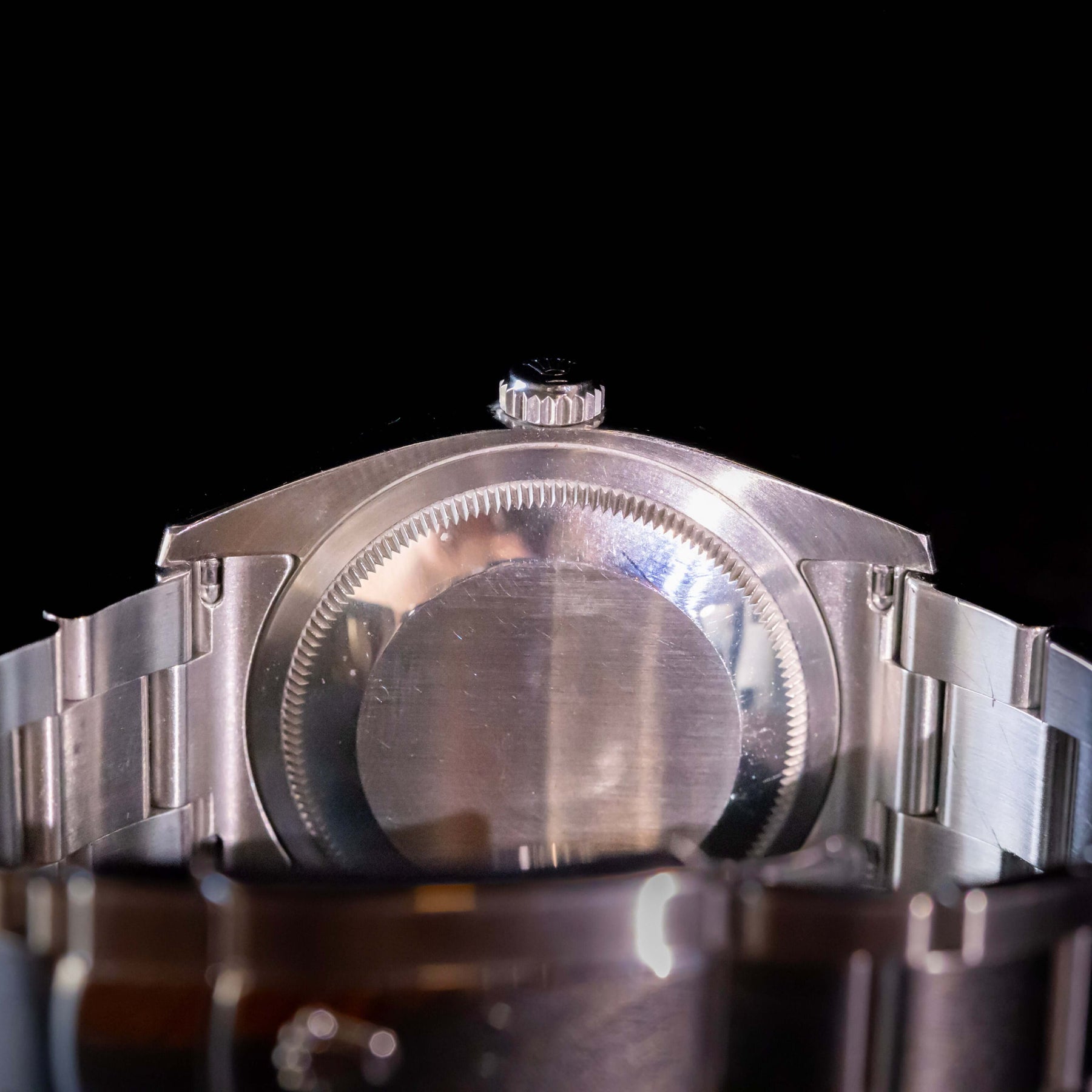 Rolex Datejust 36 full set back view showing the Oystersteel case and bracelet details.