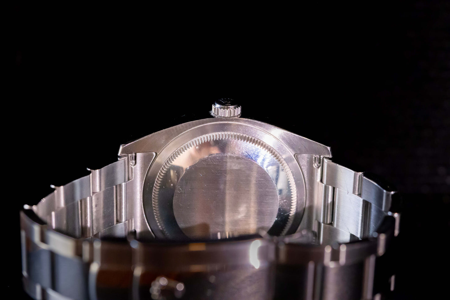 Rolex Datejust 36 full set back view showing the Oystersteel case and bracelet details.