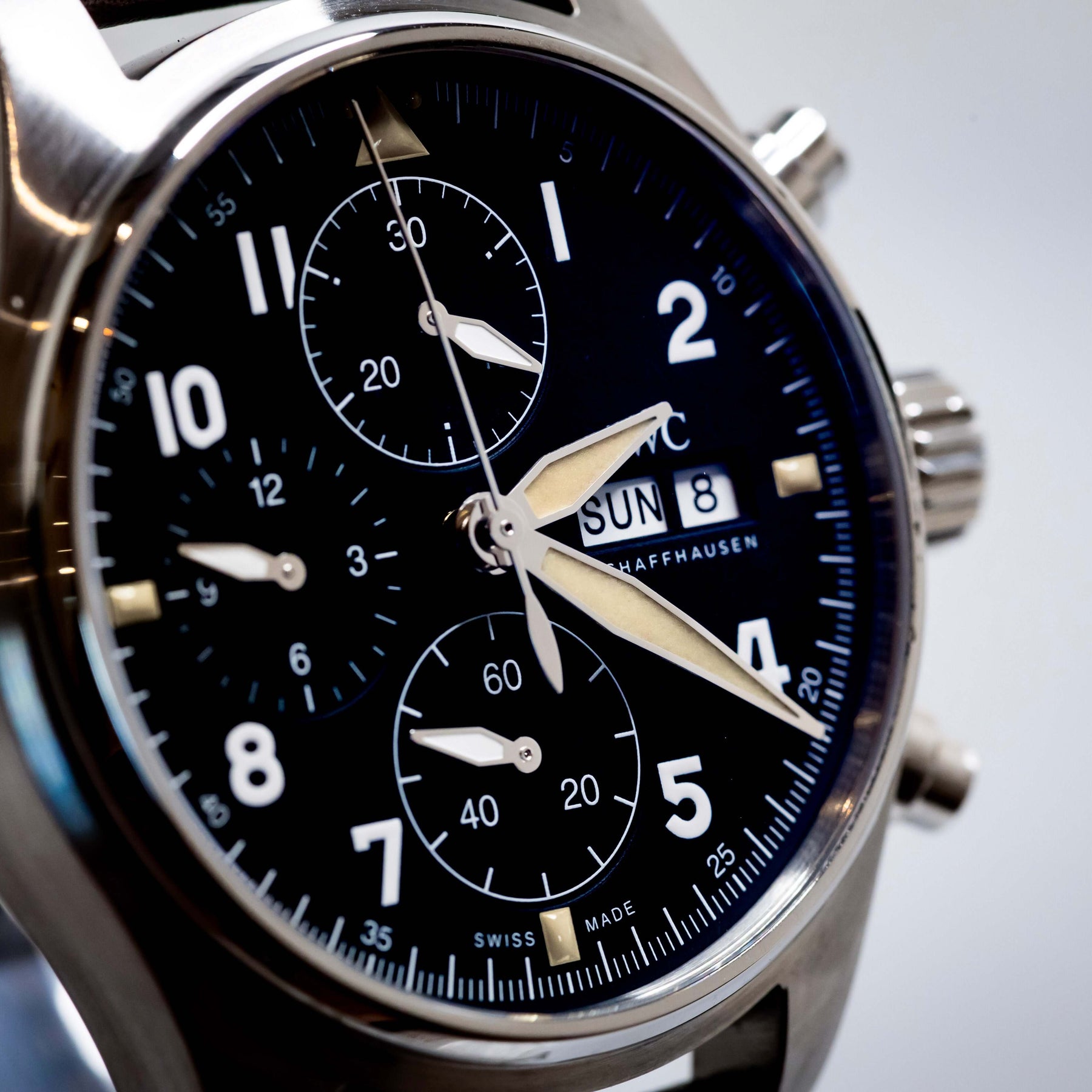 2022 IWC Pilot’s Watch Chronograph Spitfire 41mm  Ref. IW387903 | Full Set close-up of the black dial and chronograph features.