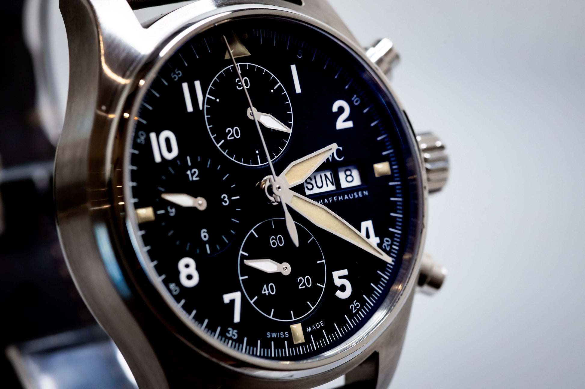 2022 IWC Pilot’s Watch Chronograph Spitfire 41mm  Ref. IW387903 | Full Set close-up of the black dial and chronograph features.