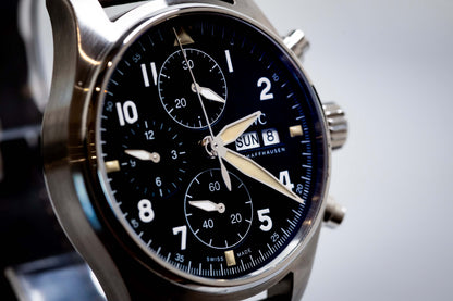 2022 IWC Pilot’s Watch Chronograph Spitfire 41mm  Ref. IW387903 | Full Set close-up of the black dial and chronograph features.