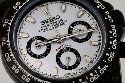 SeikoMod Daytona Black Panda Chrono with white panda dial and black subdials on a black PVD case.