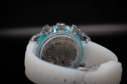 KWC Ice Ceramic Chronograph with clear case and light blue details, showcasing its modern design and functionality.