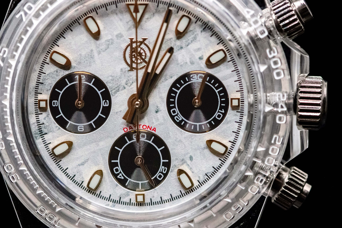 KWC White Ceramic Chronograph watch close-up with custom dial and chronograph functions.