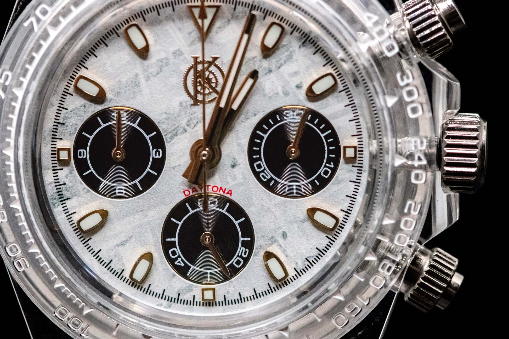KWC White Ceramic Chronograph watch close-up with custom dial and chronograph functions.