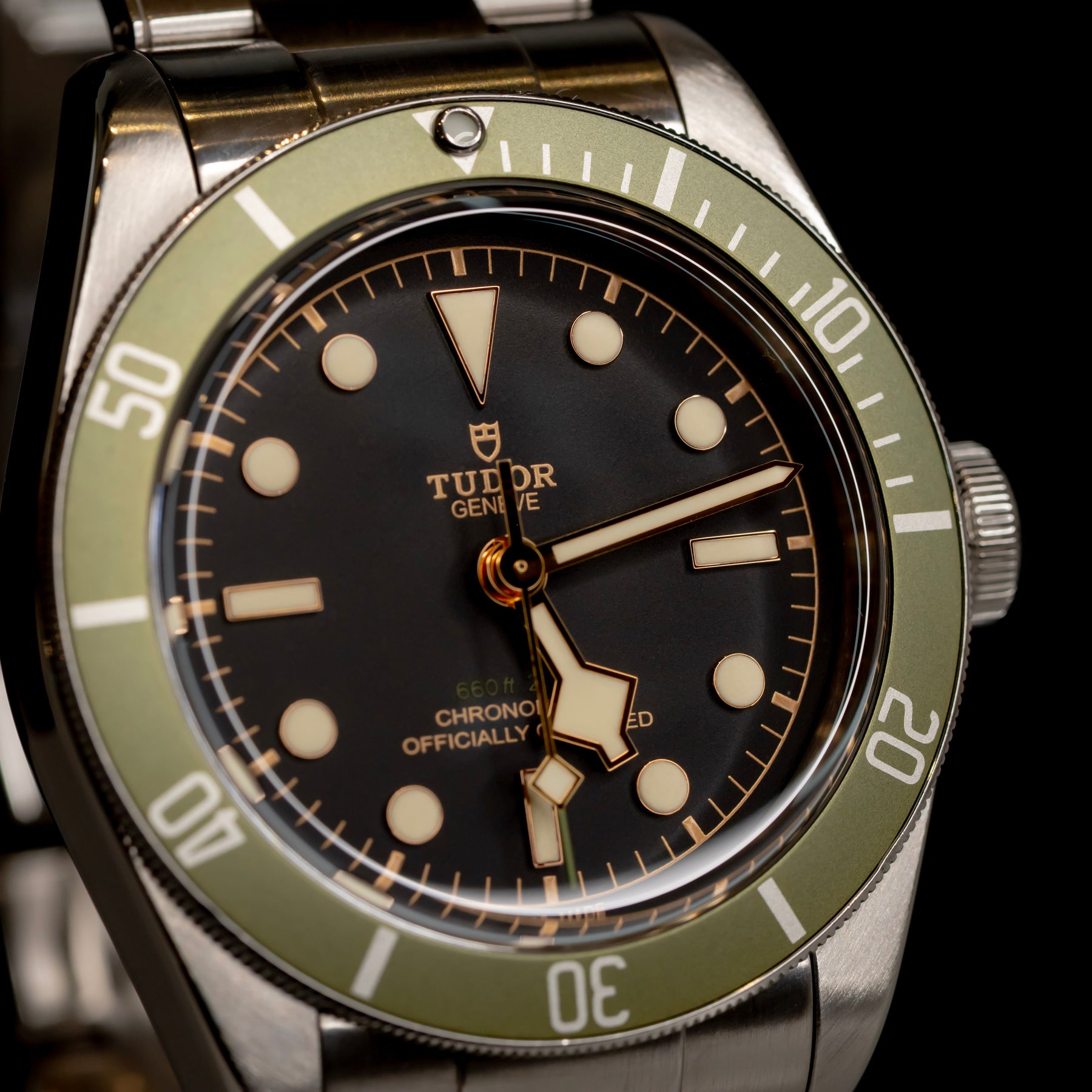 Tudor Black Bay Harrods Edition 41mm watch with green bezel and stainless steel strap, model M79230G-0001.