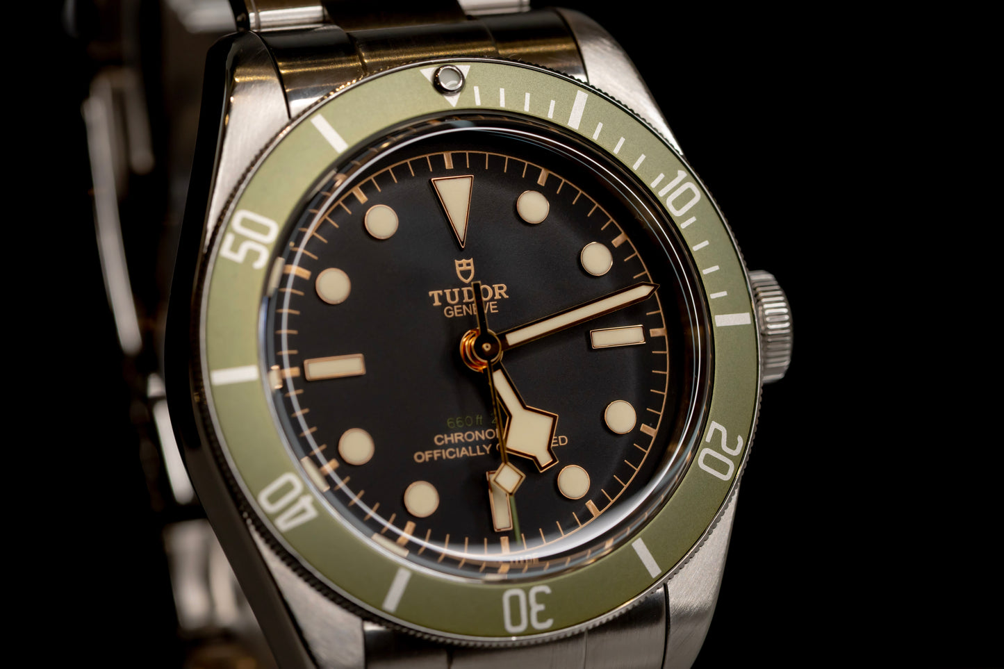 Tudor Black Bay Harrods Edition 41mm watch with green bezel and stainless steel strap, model M79230G-0001.