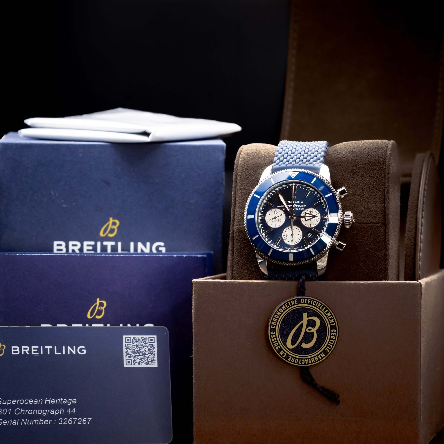 2020 Breitling SuperOcean II Chrono Blue Dial 40MM on Rubber Strap - AB0162 displayed with packaging and credentials.
