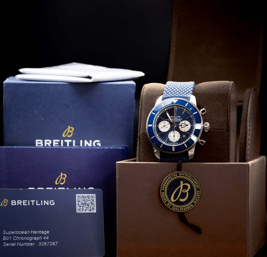 2020 Breitling SuperOcean II Chrono Blue Dial 40MM on Rubber Strap - AB0162 displayed with packaging and credentials.
