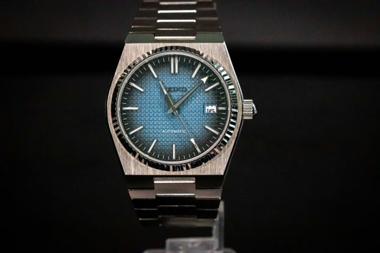 Seiko Mod PRX Gradient Blue watch front view with integrated bracelet