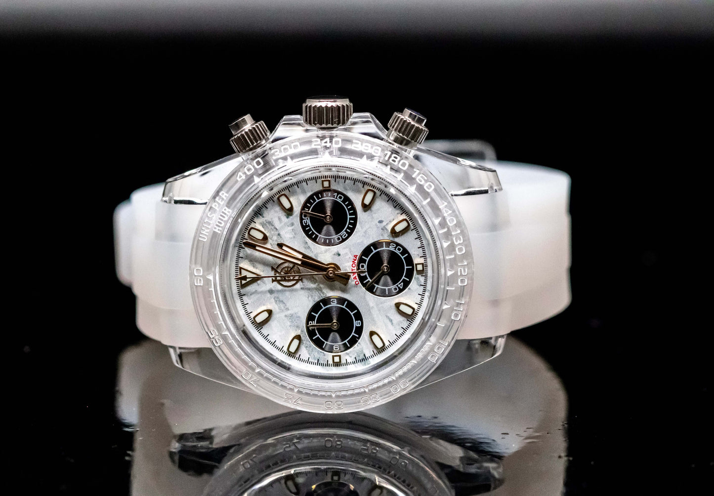 KWC White Ceramic Chronograph watch showcasing a lightweight case, custom dial, and brushed ceramic bezel.