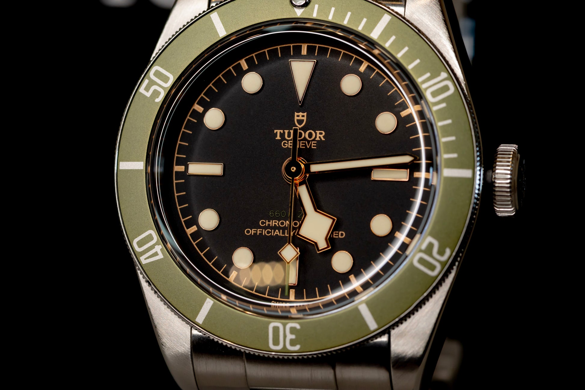 Tudor Black Bay Harrods Edition 41mm watch with green bezel and stainless steel detailing.