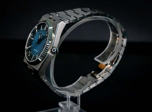 Angled shot of Seiko Mod PRX Gradient Blue showing case contours and dial texture