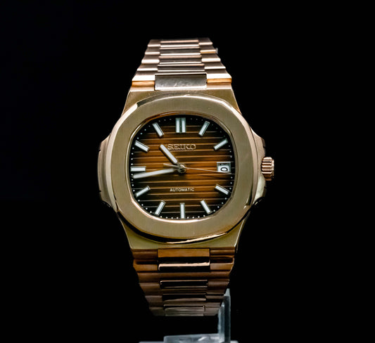 SeikoMod Rose Gold Nautilus Elegance front view with rose gold finish and elegant dial