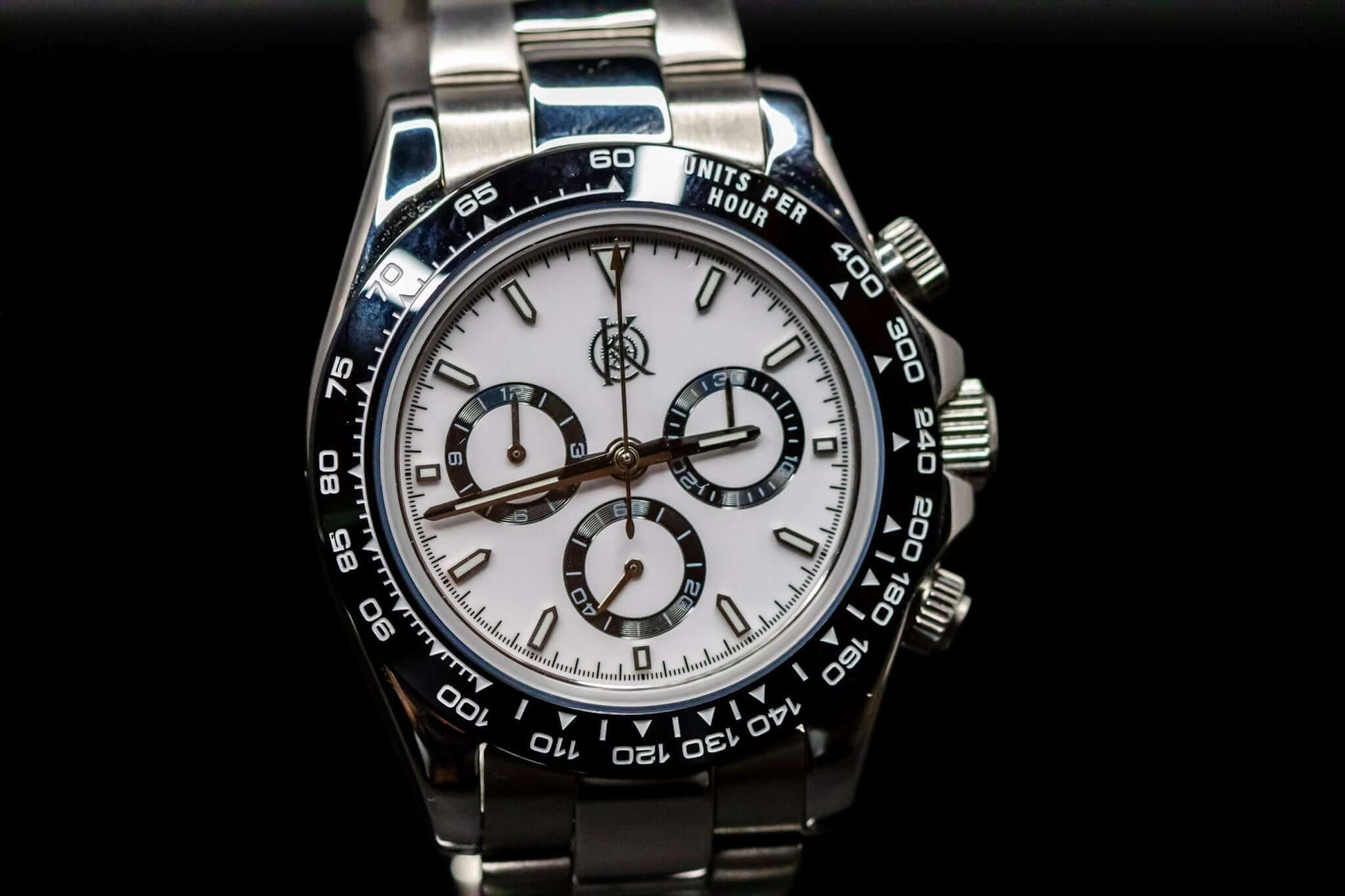 Kingdom 7750 Automatic Chronograph watch with stainless steel case and white dial, showcasing precision timing functions.