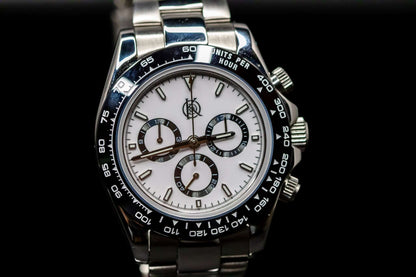 Kingdom 7750 Automatic Chronograph watch with stainless steel case and white dial, showcasing precision timing functions.