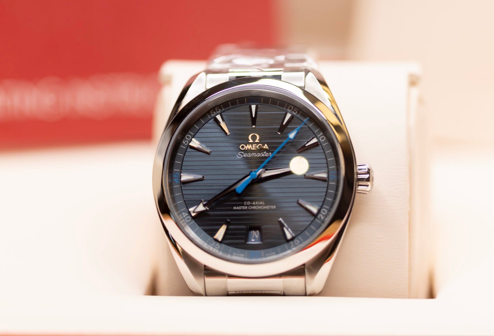 2023 Omega Seamaster Aqua Terra 41mm with blue dial showcased on display.