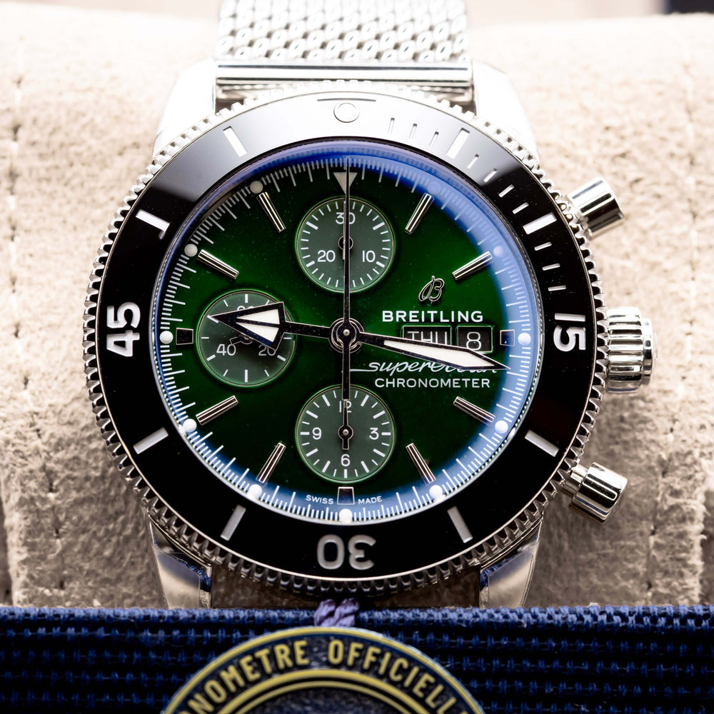 2025 BNIB - Breitling SuperOcean Chronograph Green 44mm- Breitling A13313 on display with green dial and stainless steel case.