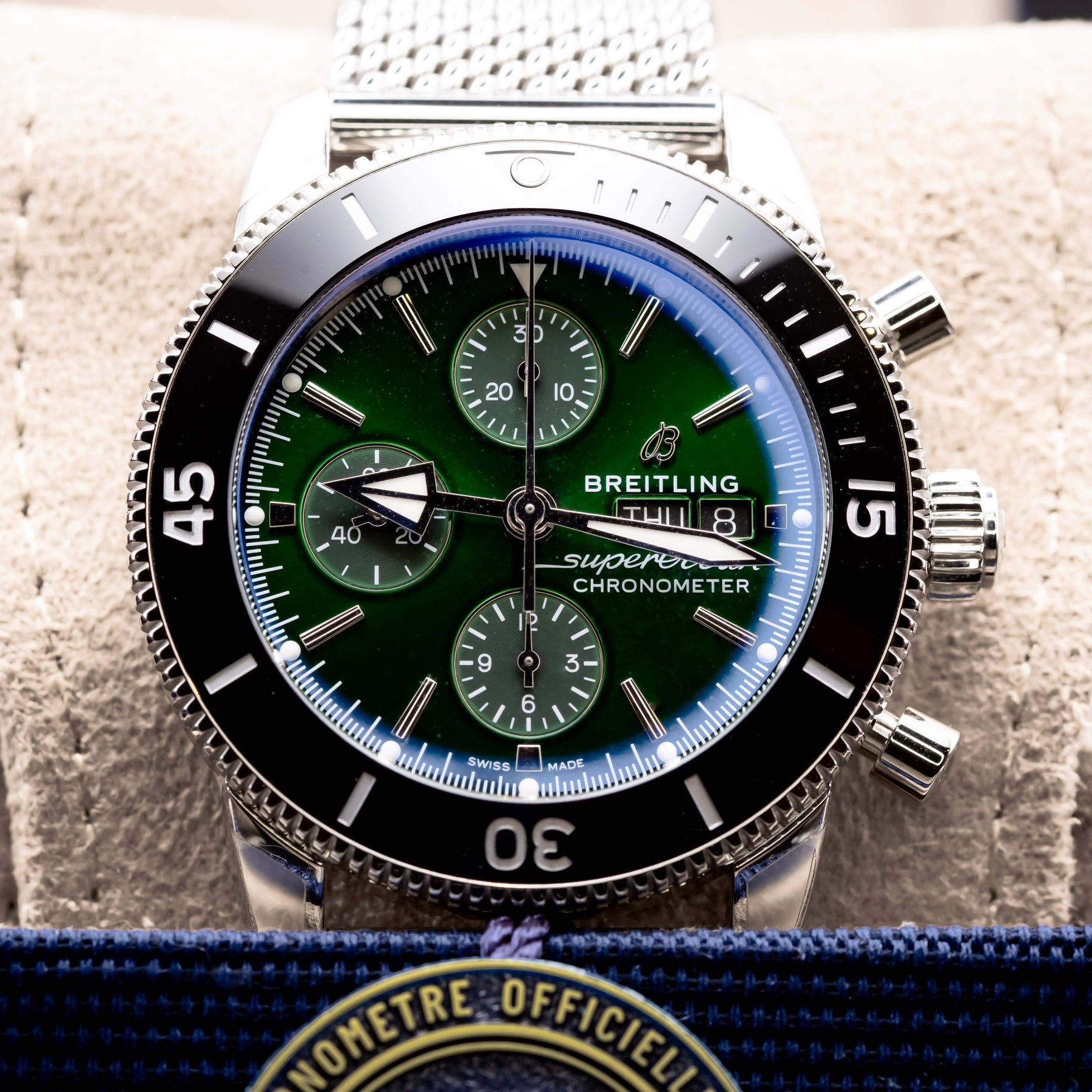 2025 BNIB - Breitling SuperOcean Chronograph Green 44mm- Breitling A13313 on display with green dial and stainless steel case.