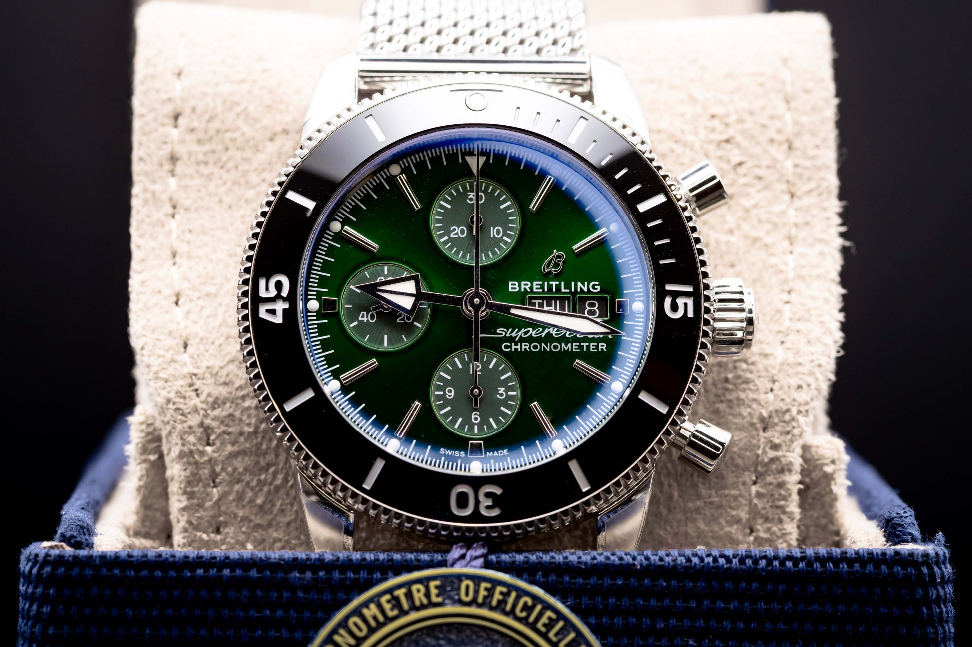 2025 BNIB - Breitling SuperOcean Chronograph Green 44mm- Breitling A13313 on display with green dial and stainless steel case.