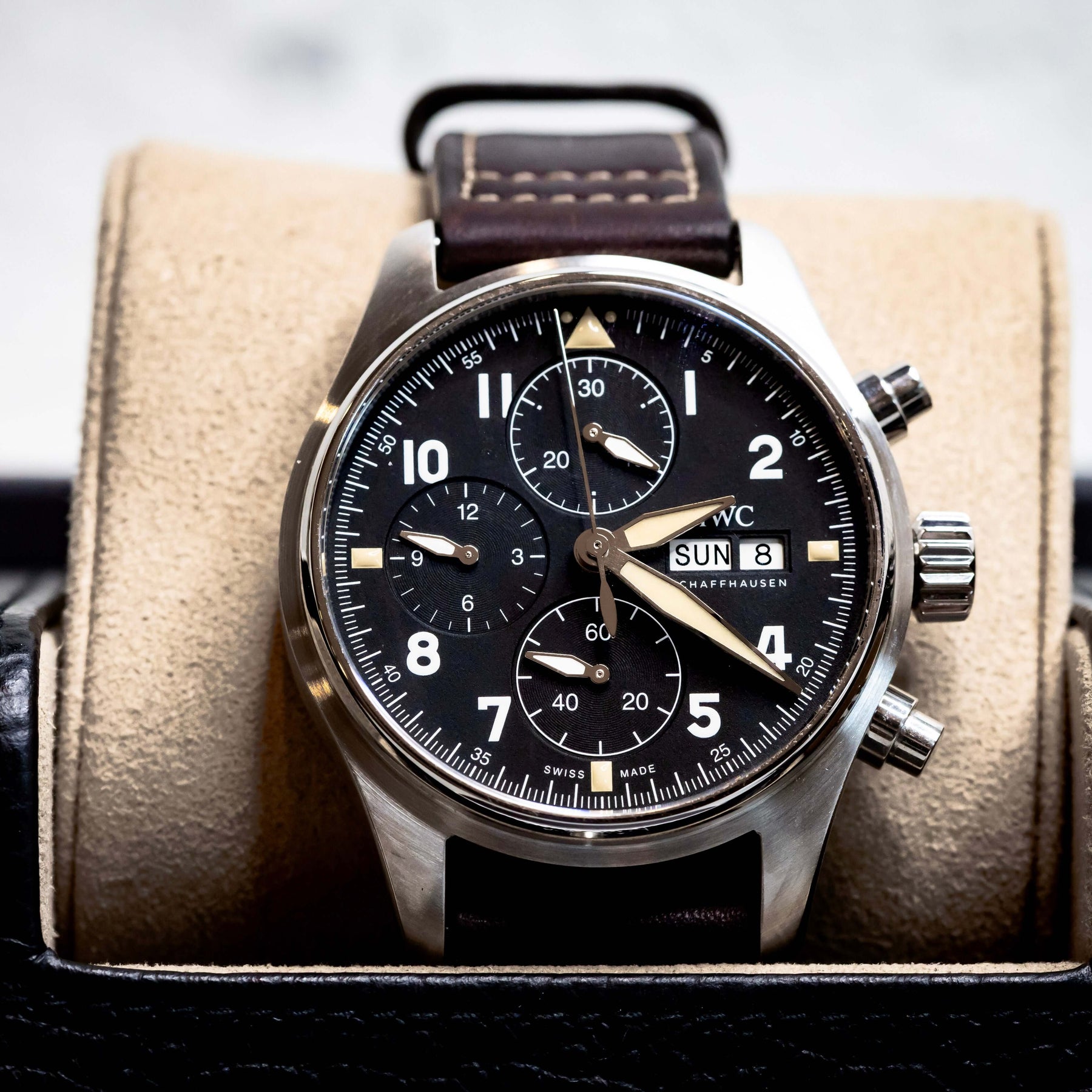 2022 IWC Pilot’s Watch Chronograph Spitfire 41mm  Ref. IW387903 | Full Set on display in a stylish case.