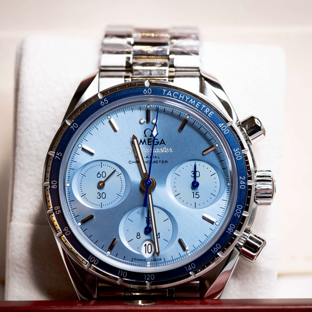 2025 OMG Speedmaster 38 Blue Dial Chronograph 324.30.38.50.03.001 – Full Set on display