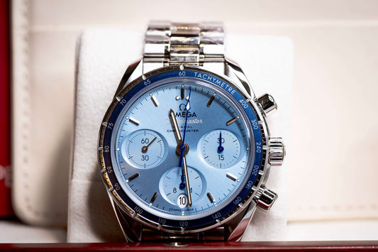 2025 OMG Speedmaster 38 Blue Dial Chronograph 324.30.38.50.03.001 – Full Set on display