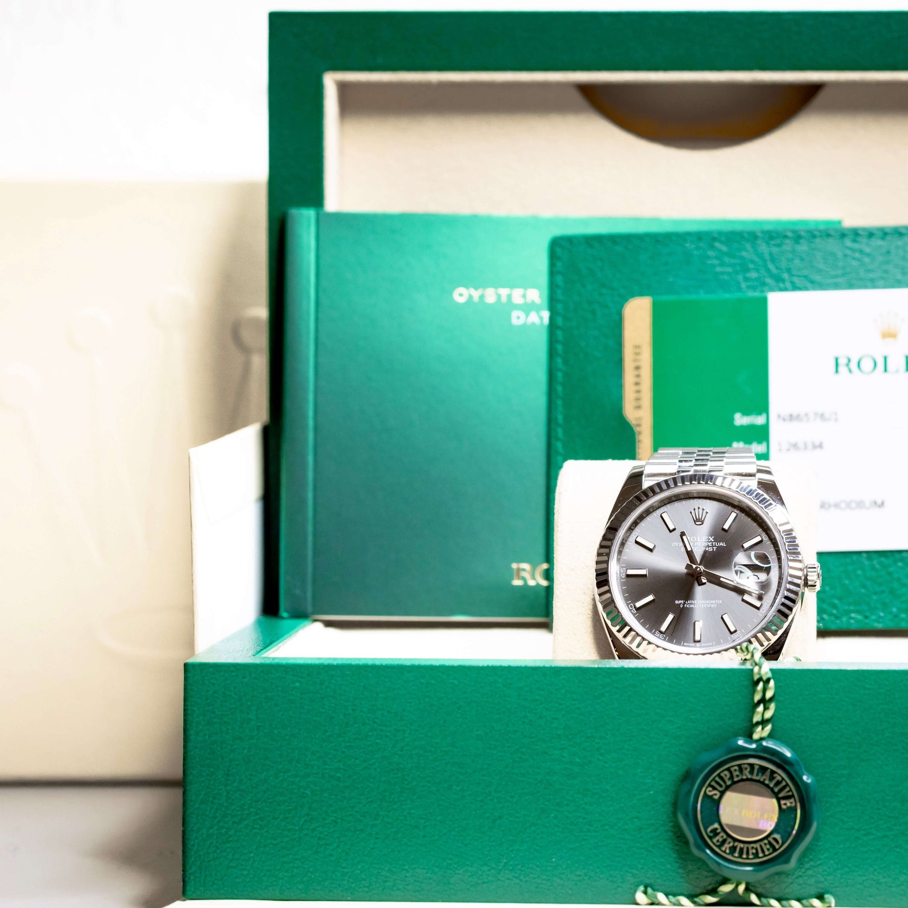 2020 Rolex DateJust 41 Slate Dial Fluted Bezel Jubilee 126334 – Full Set presented in its original box and papers.