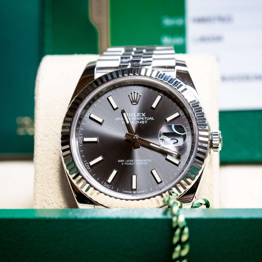 2020 Rolex DateJust 41 Slate Dial Fluted Bezel Jubilee 126334 – Full Set displayed in its box