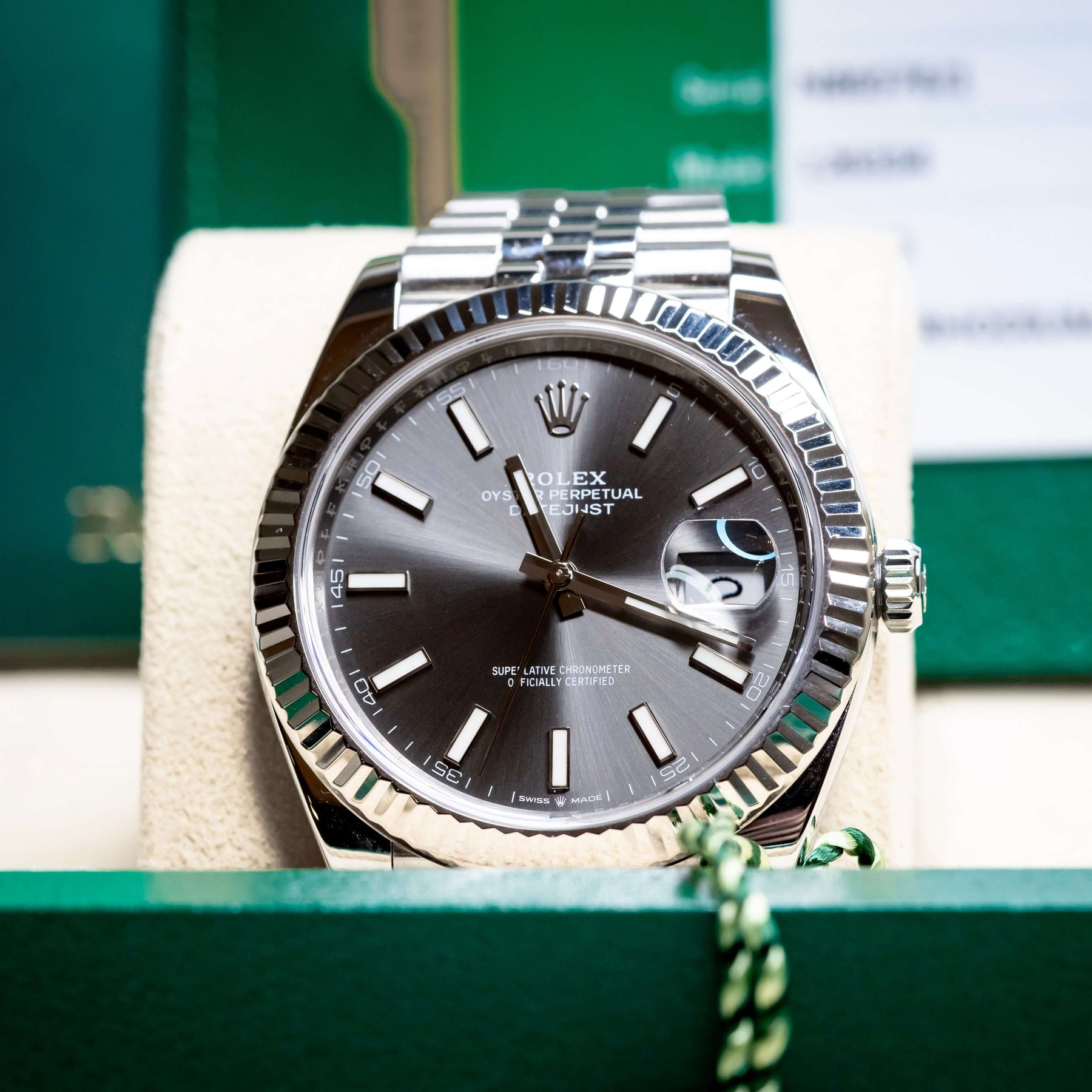 2020 Rolex DateJust 41 Slate Dial Fluted Bezel Jubilee 126334 – Full Set displayed in its box
