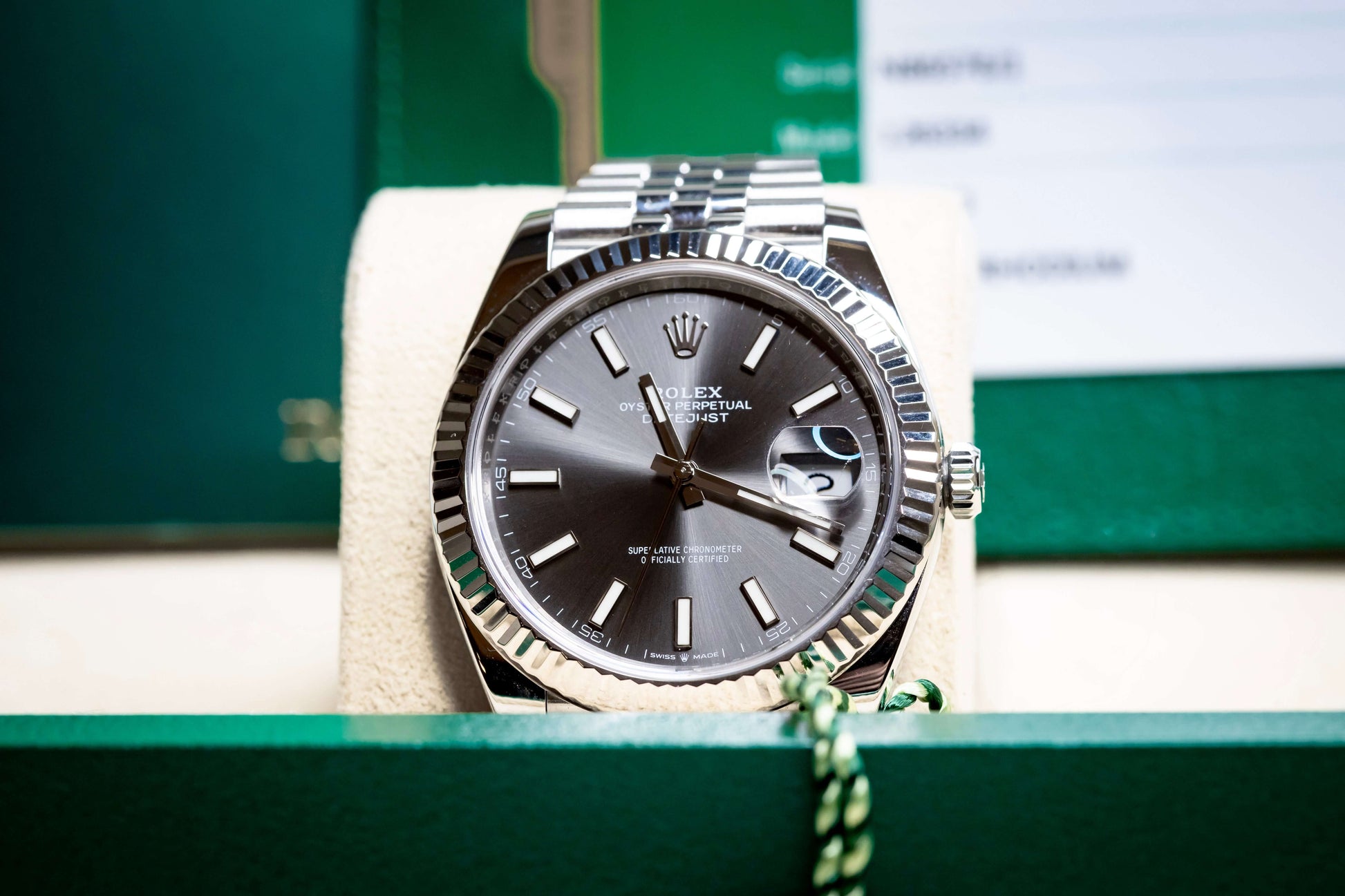 2020 Rolex DateJust 41 Slate Dial Fluted Bezel Jubilee 126334 – Full Set displayed in its box
