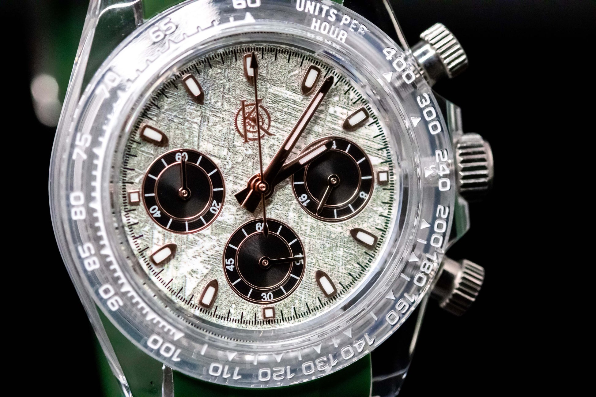 KWC Green Ceramic Chronograph wristwatch with unique dial layout and black sub-dials, showcasing modern design and utility.