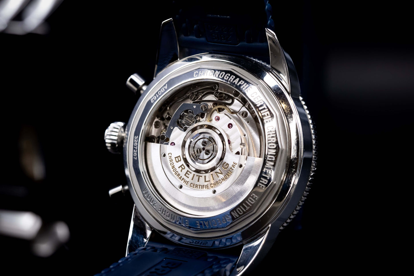 Breitling Navitimer 1 B01 Chronograph 43mm  Ref:AB0121211G1P1 showcasing the intricate movement and craftsmanship of the watch.