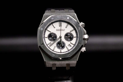 Seiko Mod Royal Oak Chrono Panda with quartz movement, 41mm case, and elegant watch face featuring chronograph sub-dials.
