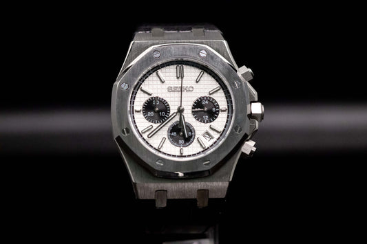 Seiko Mod Royal Oak Chrono Panda with quartz movement, 41mm case, and elegant watch face featuring chronograph sub-dials.