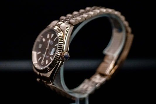Seiko Mod Rose Gold Land Dweller watch with chocolate dial and rose gold case, showcasing sophisticated design.
