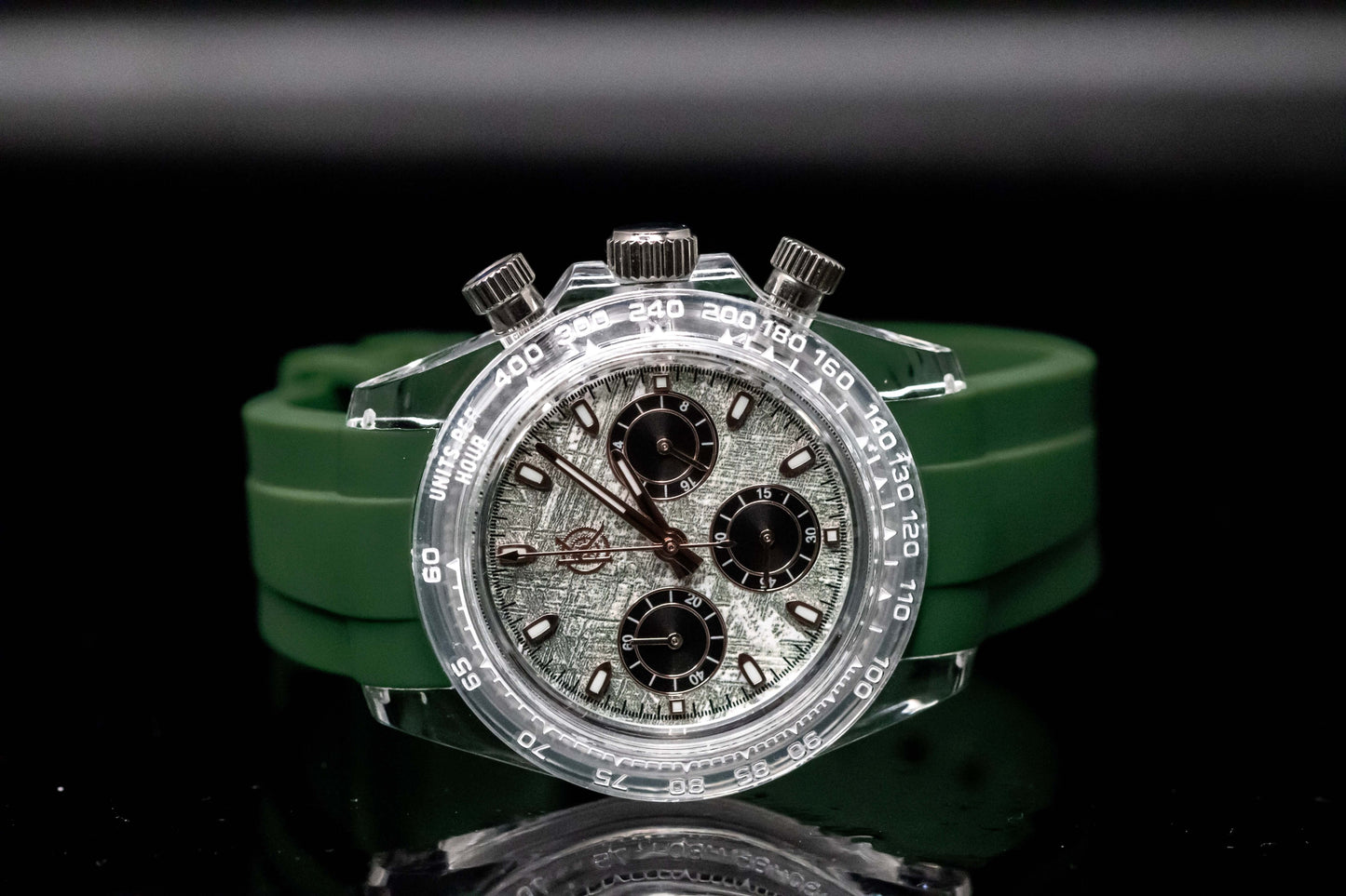 KWC Green Ceramic Chronograph watch with a transparent case and green silicone strap showcasing modern design.
