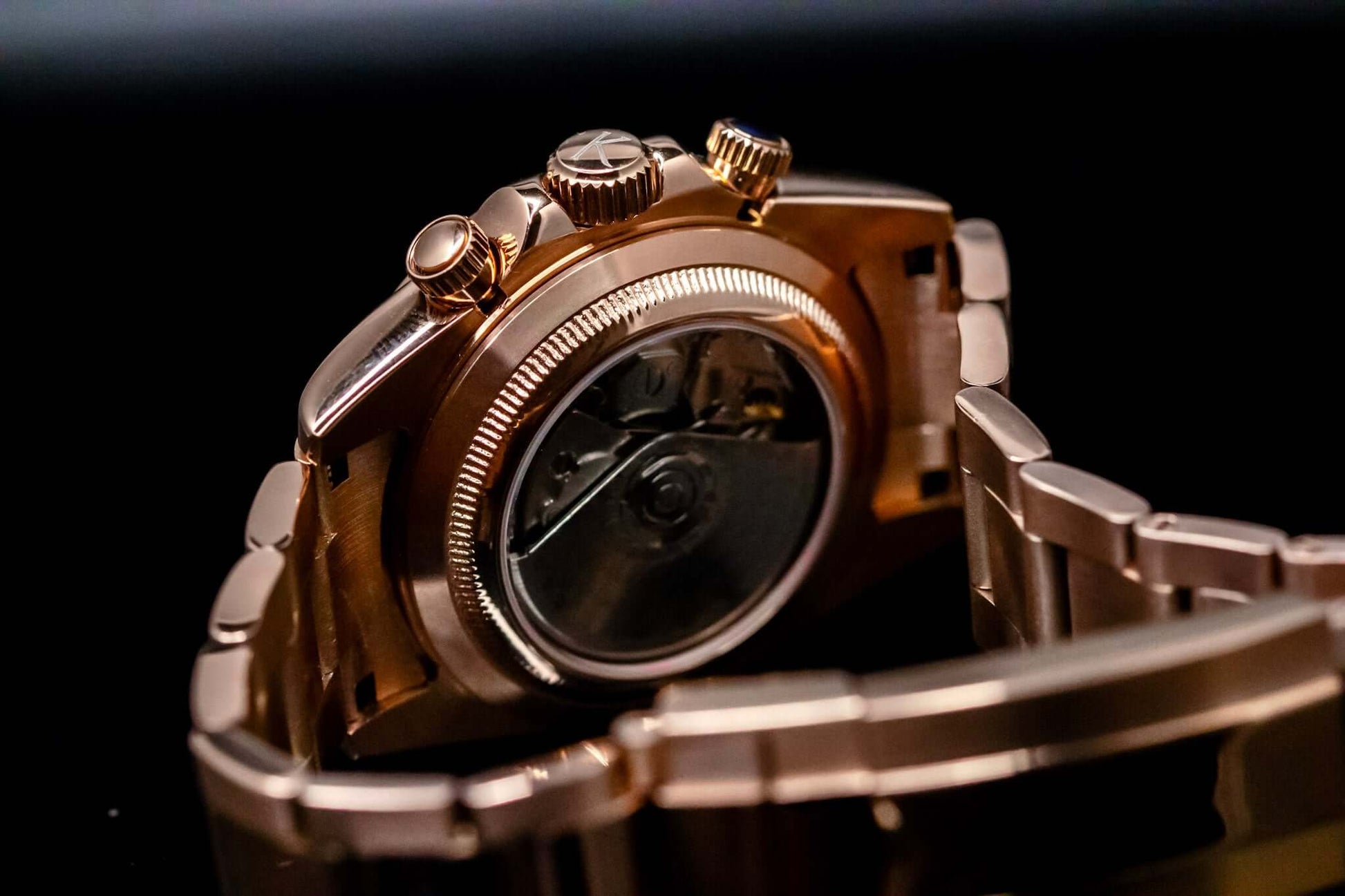 Kingdom 7750 Automatic Chronograph watch in rose gold showcasing the intricate mechanism and durable bracelet design.